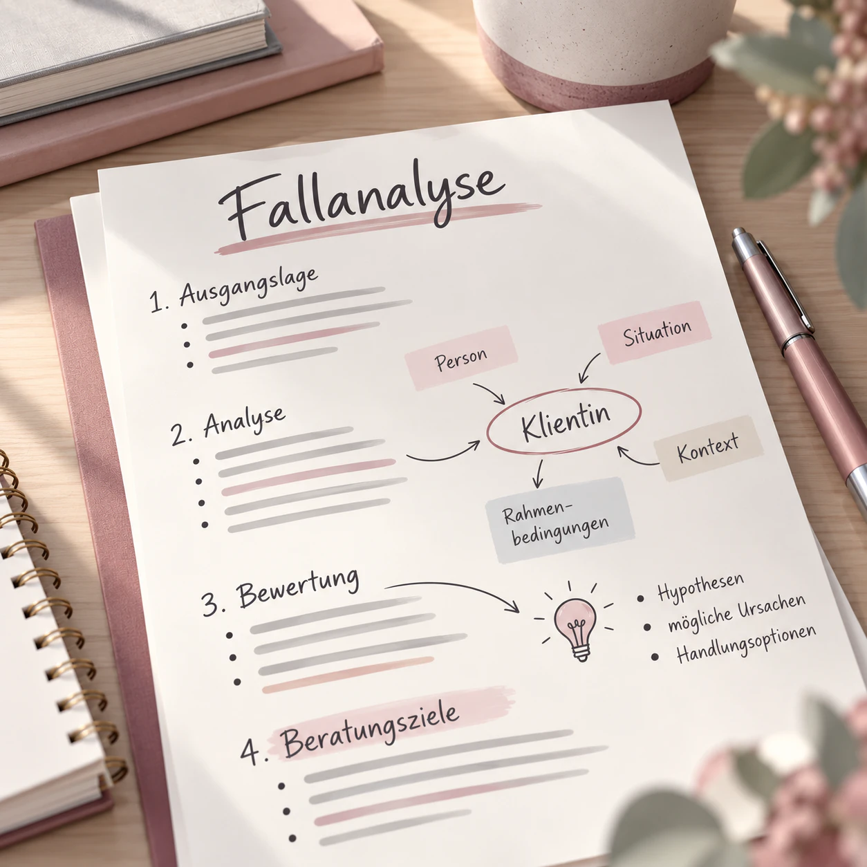 Schema zur Fallanalyse: Ausgangslage, Analyse, Bewertung und Beratungsziele